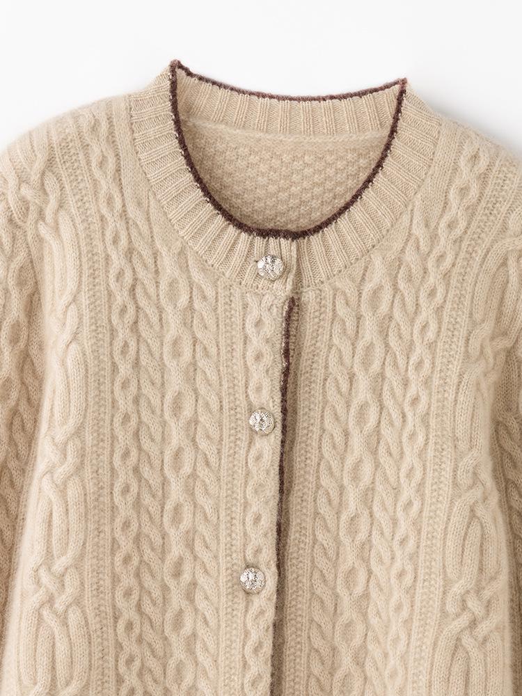 Women's Autumn/Winter Cashmere Knit Cardigan - Versatile Round Neck Elegant Cable Sweater Coat
