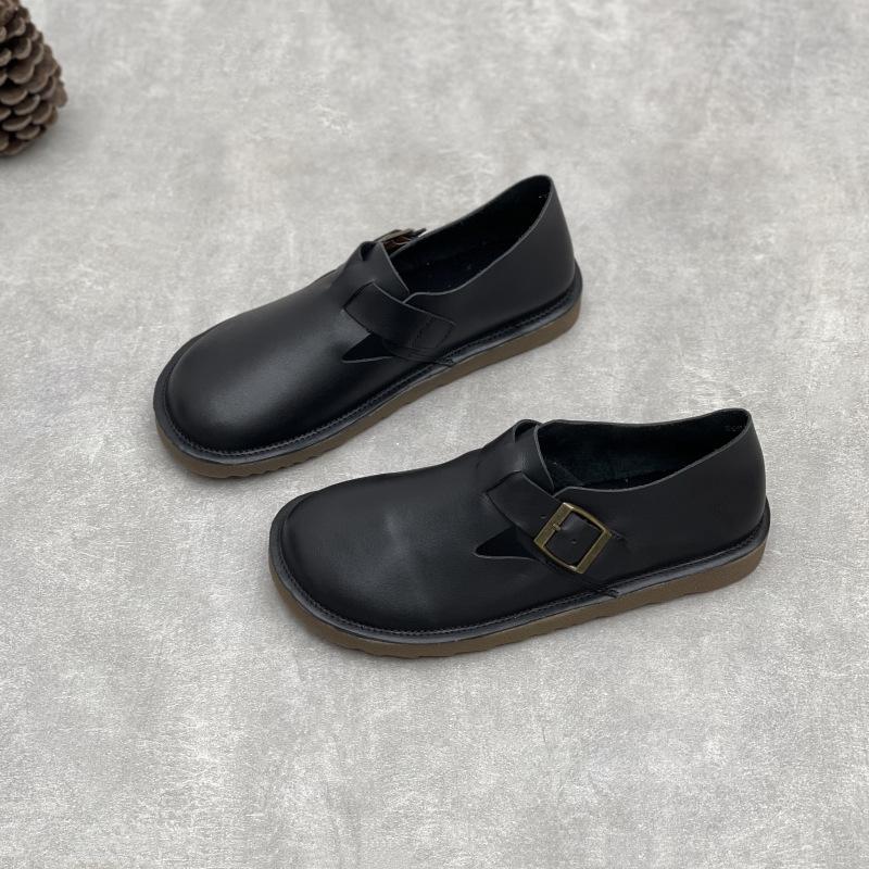 Johnature Handmade Genuine Leather Loafers Casual Women's Shoes Soft Soled Soft Cowhide Solid Color Flat Shoes