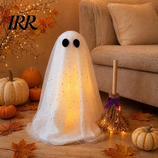 Stable Floor Support Ghost Halloween Decoration with Broom, Spooky Sequins Mesh White Ghost, Cute Photo Prop Adjustable Standing for Party,