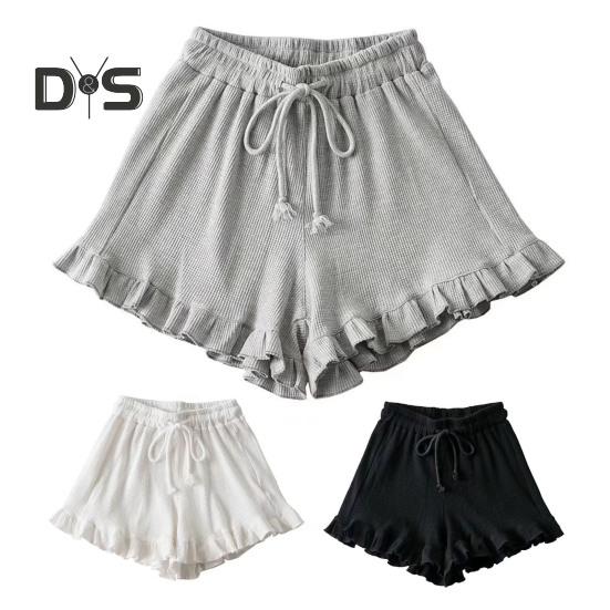 Dámské vaflové pletené šortky se stahovací šňůrkou, elastický pas, volánkové šortky, široké nohavice, splývavé šortky, ležérní letní outfit