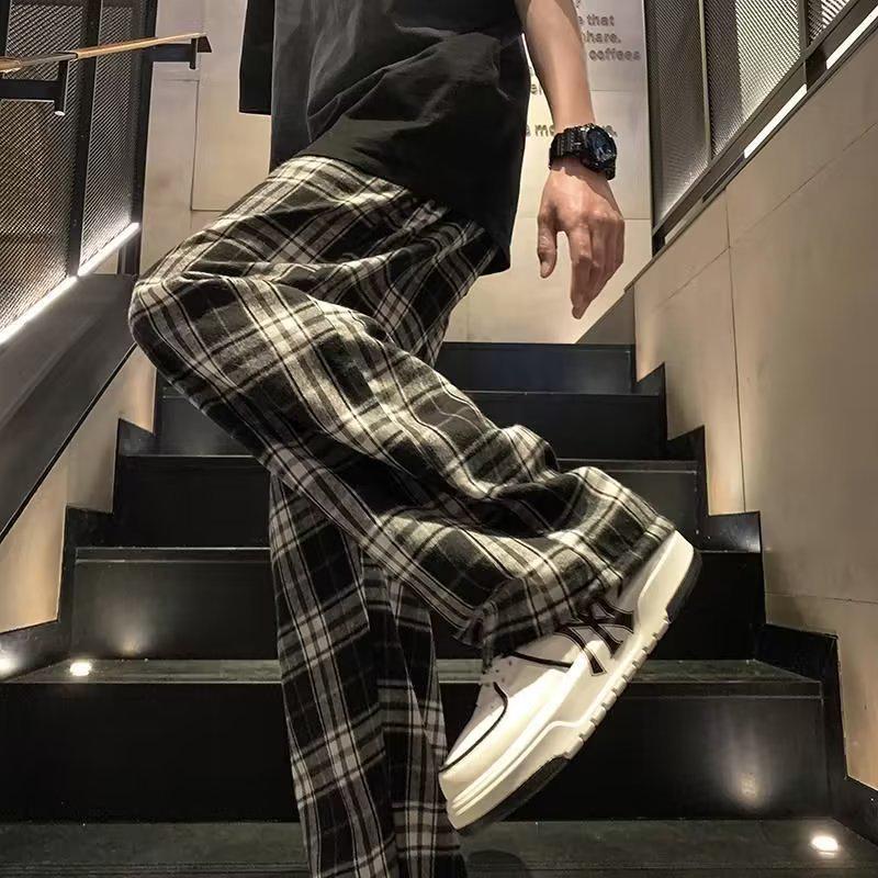 Men's Japanese Plaid Wide-Leg Casual Pants - Summer Retro Loose Fit