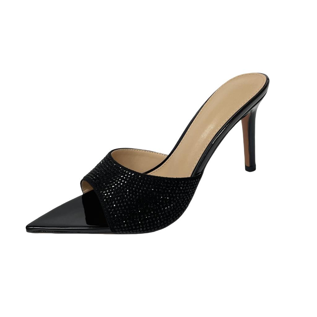 2025 summer European and American sexy black high-heeled sandals women pointed thin heel with rhinestone high-heeled sandals outside