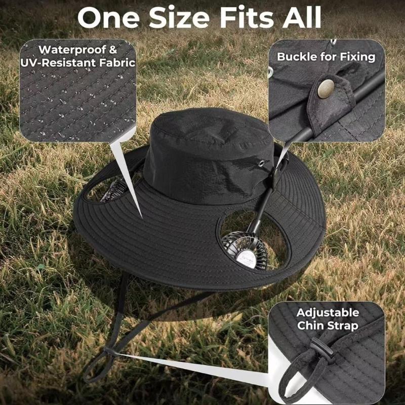 Adjustable Neck Hanging USB Fan Bucket Hat With UPF50+ Sun Protection For Outdoor Camping Hiking And Beach Activity