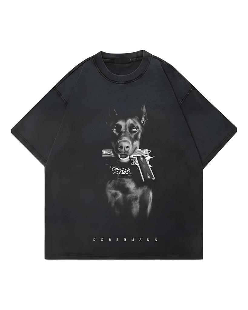 Streetwear Funny Doberman Dog Graphic, sprana czarna koszulka