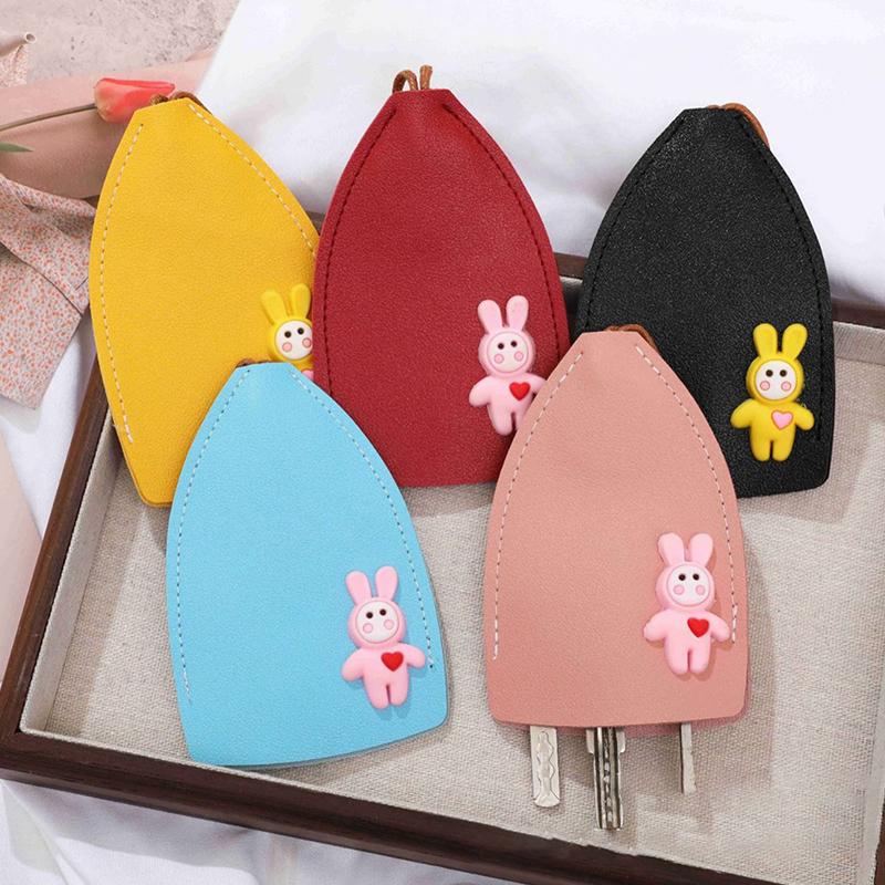 Cute Rabbit Pull Out Key Sleeve Cartoon Animal Pu Leather Car Key Case Holder Large Capacity Keychain Pouch Keychain Organizer