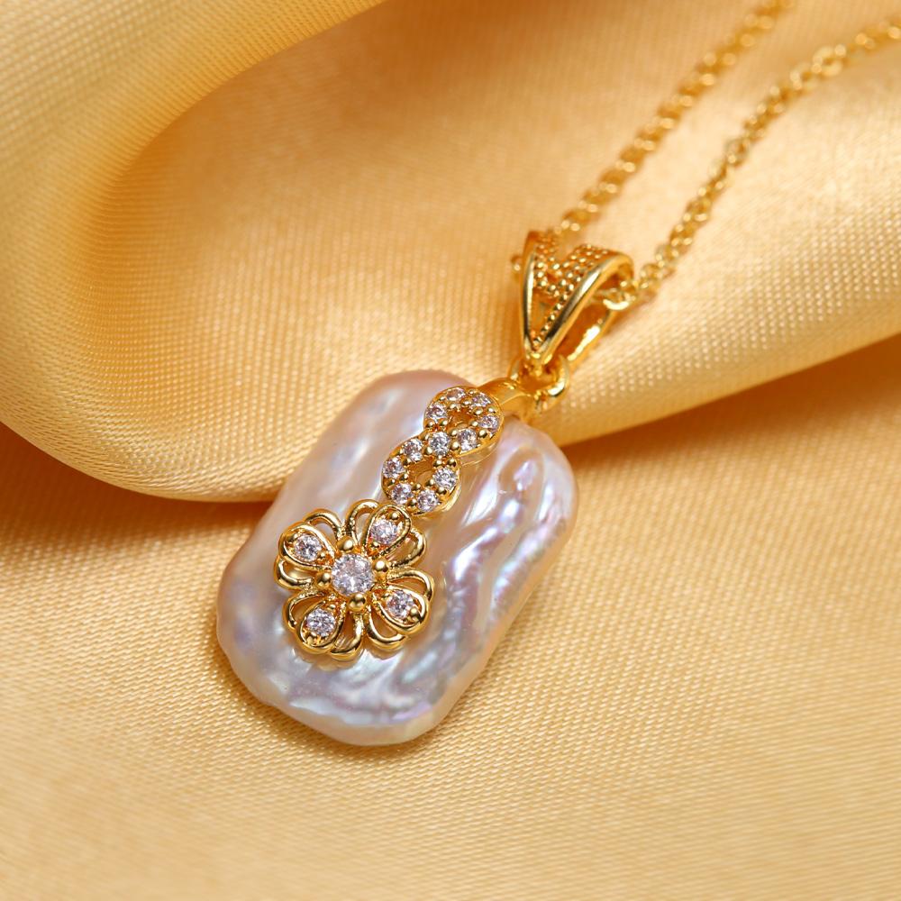 SENIKO Natürliche Süßwasser Große Barocke Perle Halsketten Für Frauen Mode Blume Zirkonia Anhänger Mit Kette Geburtstag Geschenk