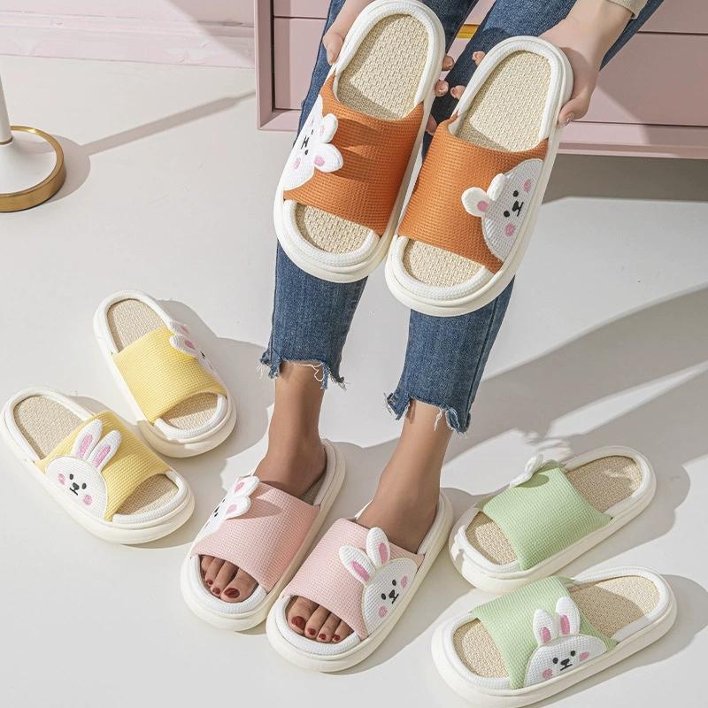 Fashion Cute Cartoon Rabbit House Slippers Women Spring Autumn Soft Anti Slip Linen Slippers for Woman Mix Color Platform Slides Mujer