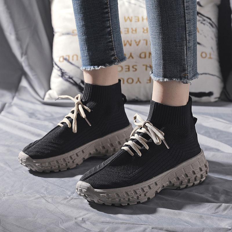 Lace Up Women's High On Platform Shoes Spring Autumn High Top Ankle Boots Aesthetic Fashion 2025 Knitted Casual Ladies Footwear