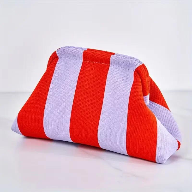 Women Handbag Colorblock Knitted Women Bag Large Mouth Cosmetic Cellphone Keys Stoarge Pouch Summer Beach Clutch Lady Purse