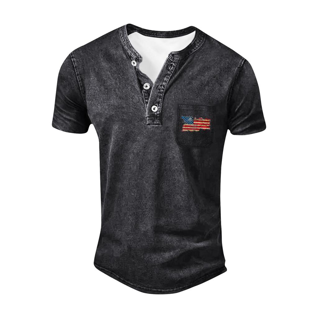 Men's Summer Independence Day Pattern Round Neck Short Sleeve T-Shirt Neck Men's All-match Casual Button Shirt