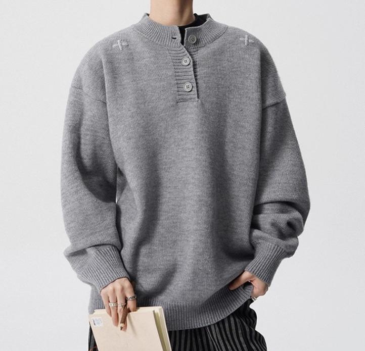 Unisex Autumn & Winter Henley Collar Embroidered Sweater - Trendy Solid Color Knitwear