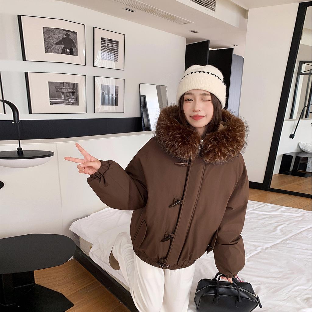 Damska nowa kurtka z kapturem z kołnierzem z futra, zapinana na guziki z rogu, zimowa, lekka, ocieplana, puszysta, ciepła, luźna, z wysokiej jakości tkaniny, casualowa, sportowa, bawełniana odzież