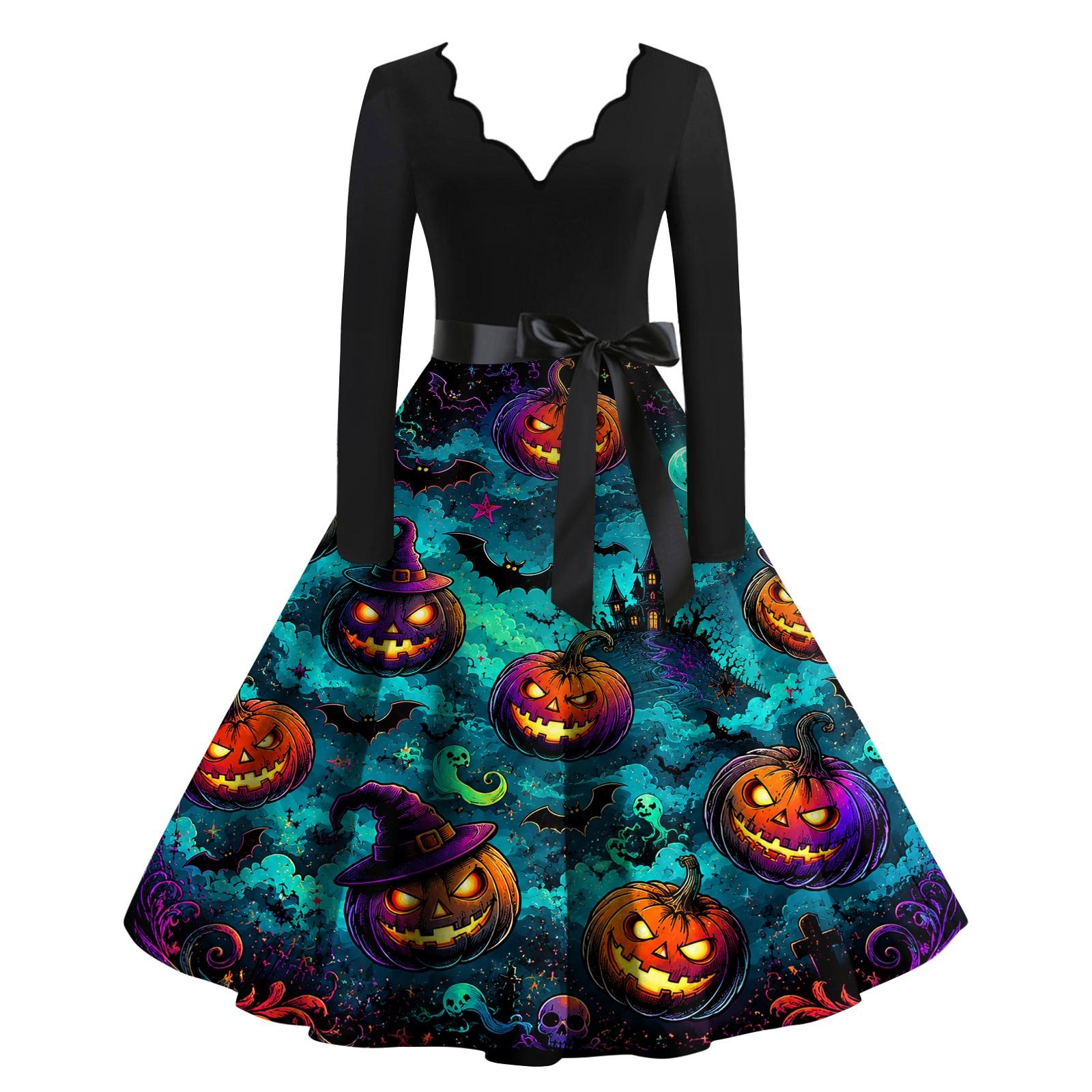 Womens Casual Long Sleeve V Neck Dress Halloween Pumpkin Print Belted Waist A Line Midi Dress L циан