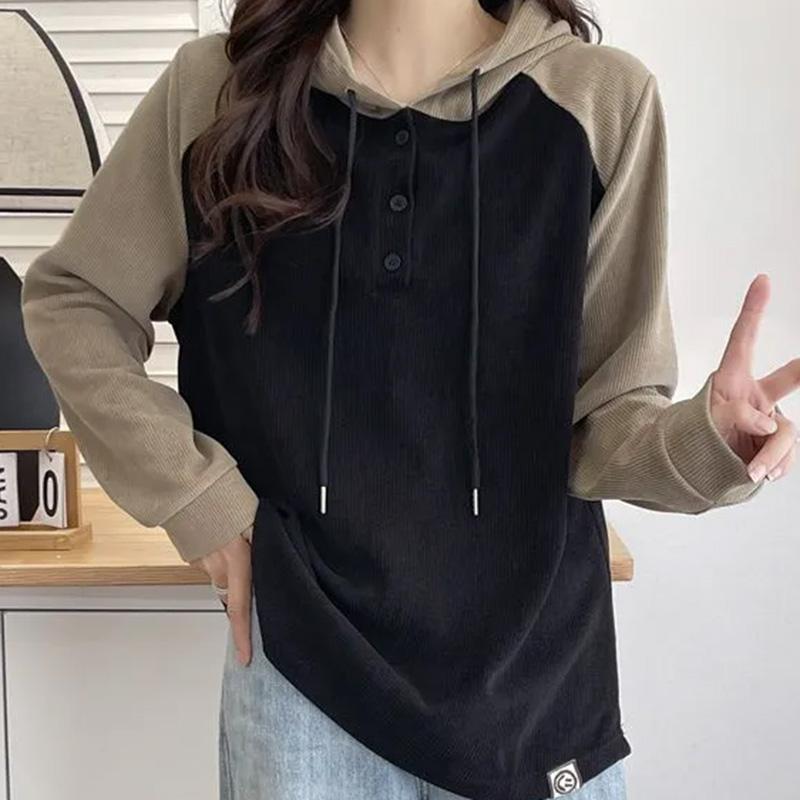 Sweatshirt for Women Cotton Oversize Loose Casual Pullove Vintage Drop-Shoulder Color-Block Hooded Long Sleeve Top Sweatshirt