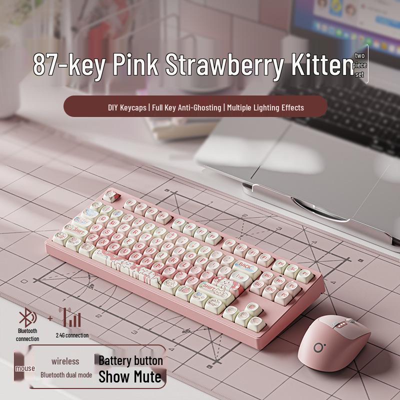 Strawberry Kitten Wireless Bluetooth Mechanical Keyboard with Universal Switches - Silent Design for Office and Gaming