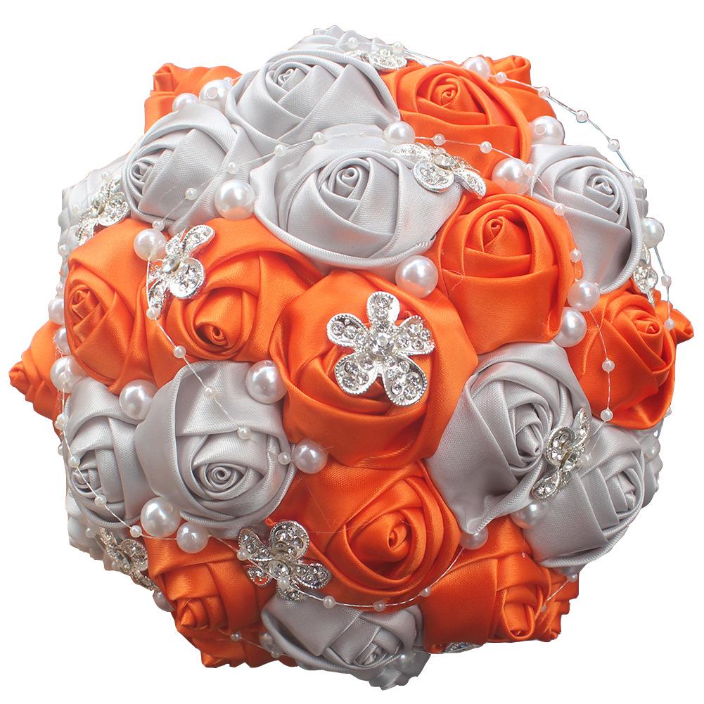 European & American Elegant Ribbon Flower Bridal Bouquet – Beaded Five-Flower Design