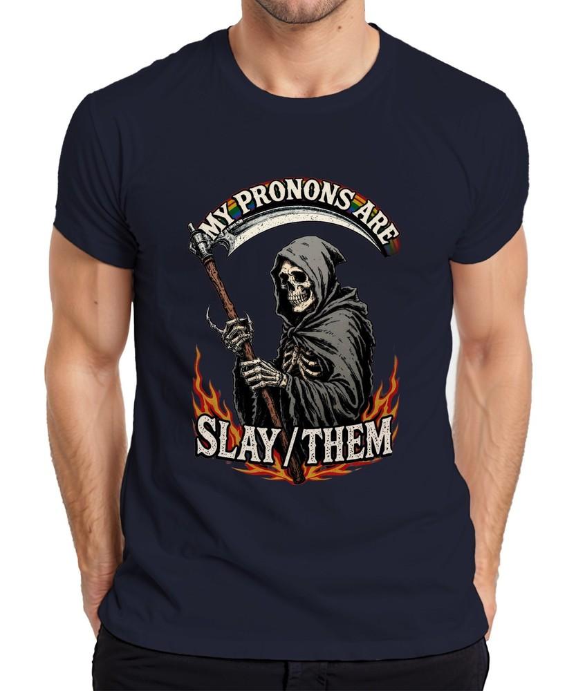 My Pronouns Are Slay Them Grim Reaper Skeleton Rainbow Pride Unisexs Tshirt S