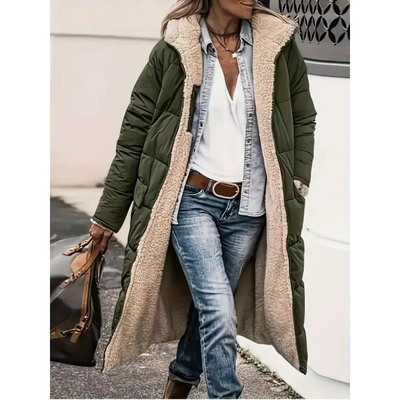 Women's medium and long coat, thickened and warm, loose hooded, women wearing cotton-padded clothes on both sides