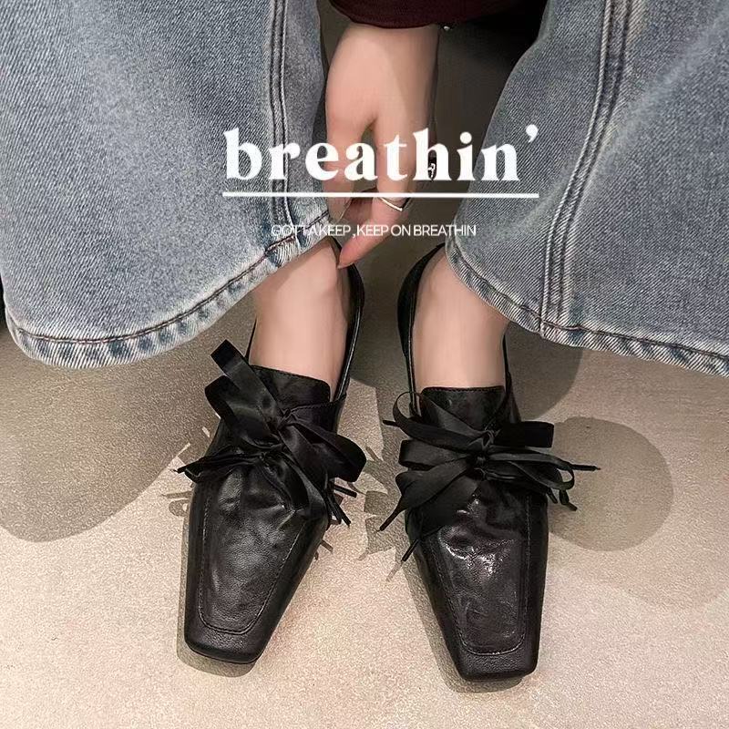 Cowhide version ballet style lace-up Mary Jane shoes new sweet sister small leather shoes square head ballet