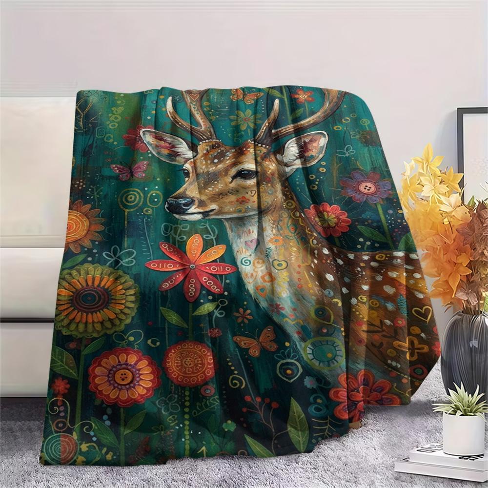 1PC Bohemian Animal Art Print FlAannel Blanket, High Quality Comfortable for All Seasons, Home Decor, Warmth and Comfort