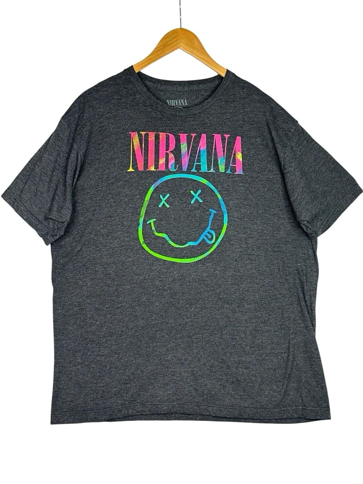 Nirvana Smiley Face T-Shirt 2XL Gray Tie Dye Logo Graphic Band Tee Grunge Rock L