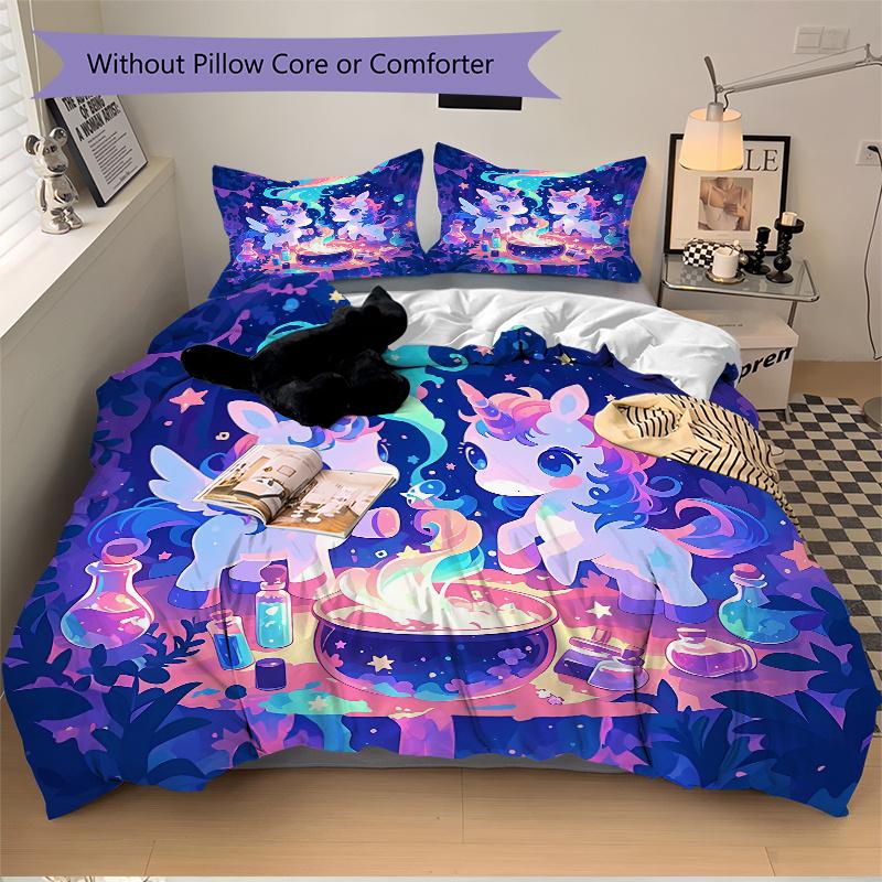3pcs Magic Potion Two Unicorns Quilt Cover Set - Soft and Cozy Bedroom, Guest Room and Dorm Decorative Bedding 3-Piece Set 1 Quilt Cover + 2 Pill