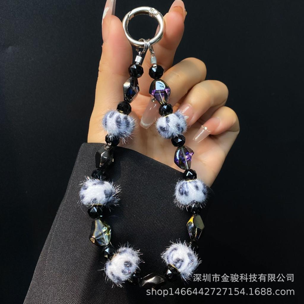 Herbst Winter Bommel Handykette Acryl Unregelmäßiger Stein Kurz Leopardenmuster Hängekette Kristallperlen Handyband Großhandel
