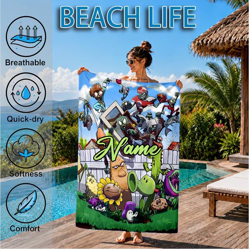 Custom Name Zombies Invasion Galactic Heroes Beach Towel Microfiber Beach Towel, Lightweight and Quick-Dry, for Summer Travel, Swimming Pool Gift