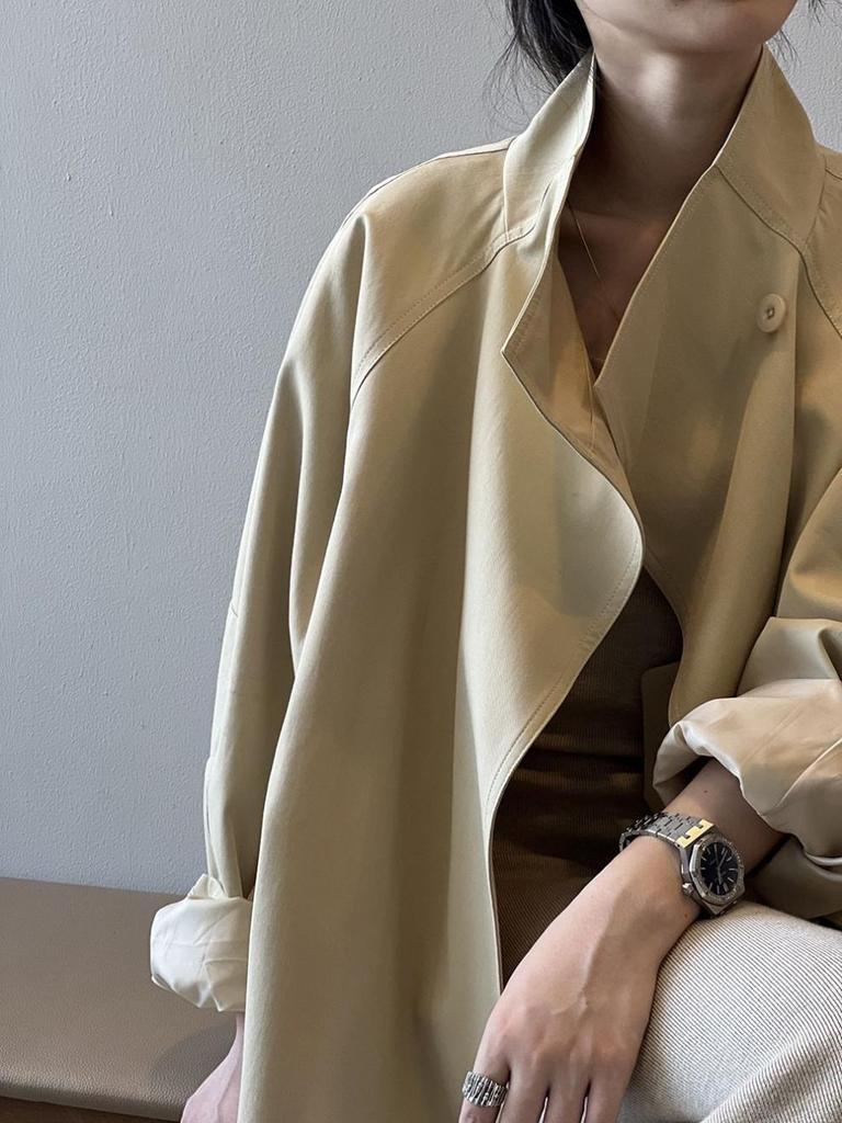 Women's British Style Retro Trench Coat with Stand-Up Collar - Tie Waist, Mid-Length, Petite Fit, Loose Outerwear for Spring & Autumn.