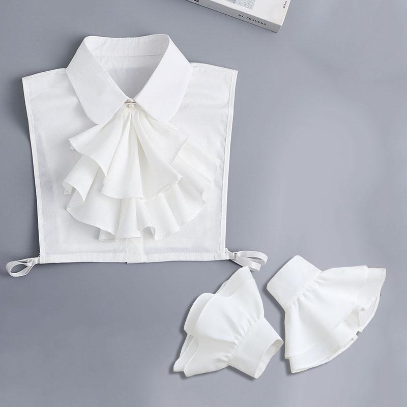 White Big Lapel Fake Collar And Black Detachable Cuff Lace False Collar Stand Removable Faux Col for Women Half Shirt Accessory