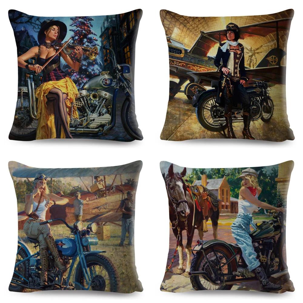 Vintage Sexy Motorrad Lady Kissenbezug Dekor Ölgemälde Cartoon Frauen Kissenbezug für Sofa Auto Polyester Kissenbezug 45x45