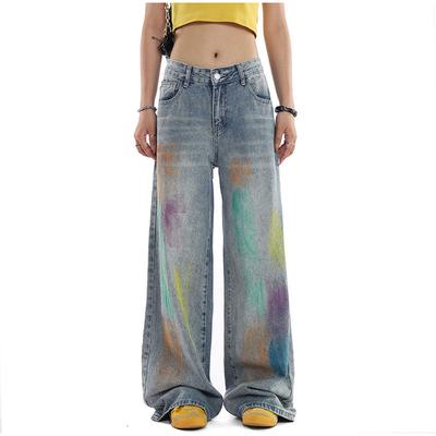 Painted Design Vintage Loose Wide Leg Jeans Women Casual Middle Waist Baggy Straight Denim Pants Spring Autumn Korean Fashion Streetwear