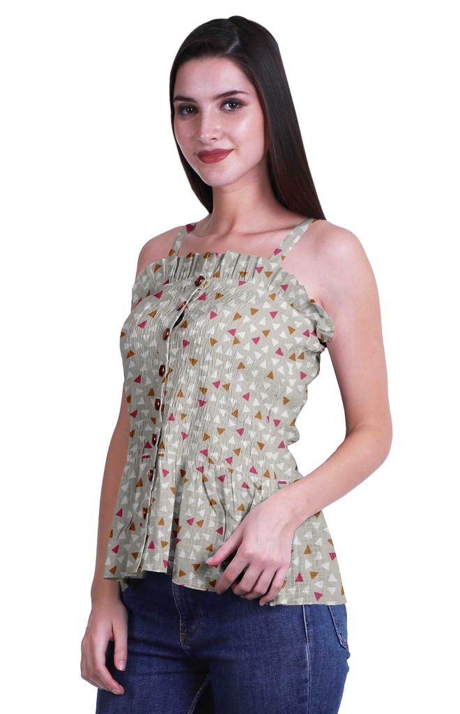 Moomaya Casual Shoulder Strap Flared Hem Cotton Slub Printed Women Summer