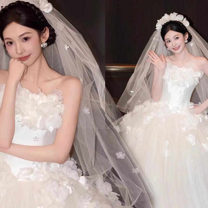 Large Size Wedding Dress Bride 2025 New Wedding Dress Flower Tube Top Trailing Tail Fat MM Thin Dress Yarn Advanced