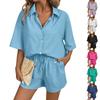 Damen-Pyjama-Set Kurzarm Gestreift Bedruckt Zweiteilig Loungewear Nacken-Pyjama Split-Shorts-Set Weiche Nachtwäsche
