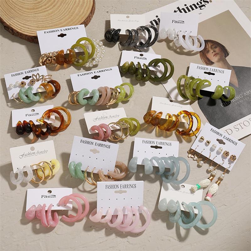 Colorful Resin Earrings Set  Pearl Hoop Candy Color Metal Mix Match 2024 New Style for Women Wedding Party Earrings