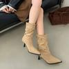 Fashionable Sharp Pointed Toe Thin Heel Mid-Calf Boot Women's Velvet Surface French Style High Heels Shoes Slim Short Boot Women