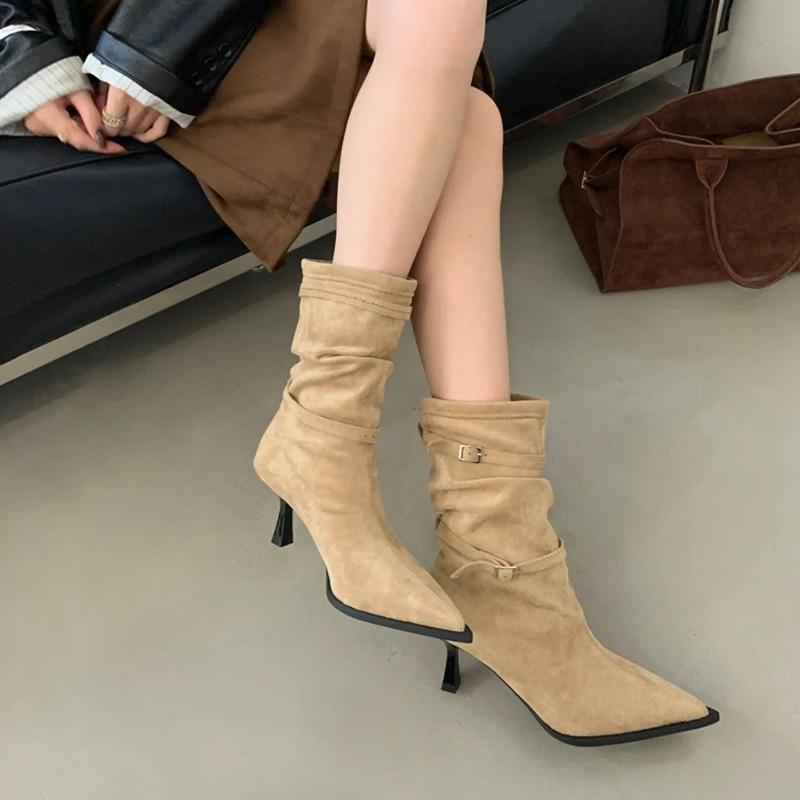 Fashionable Sharp Pointed Toe Thin Heel Mid-Calf Boot Women's Velvet Surface French Style High Heels Shoes Slim Short Boot Women