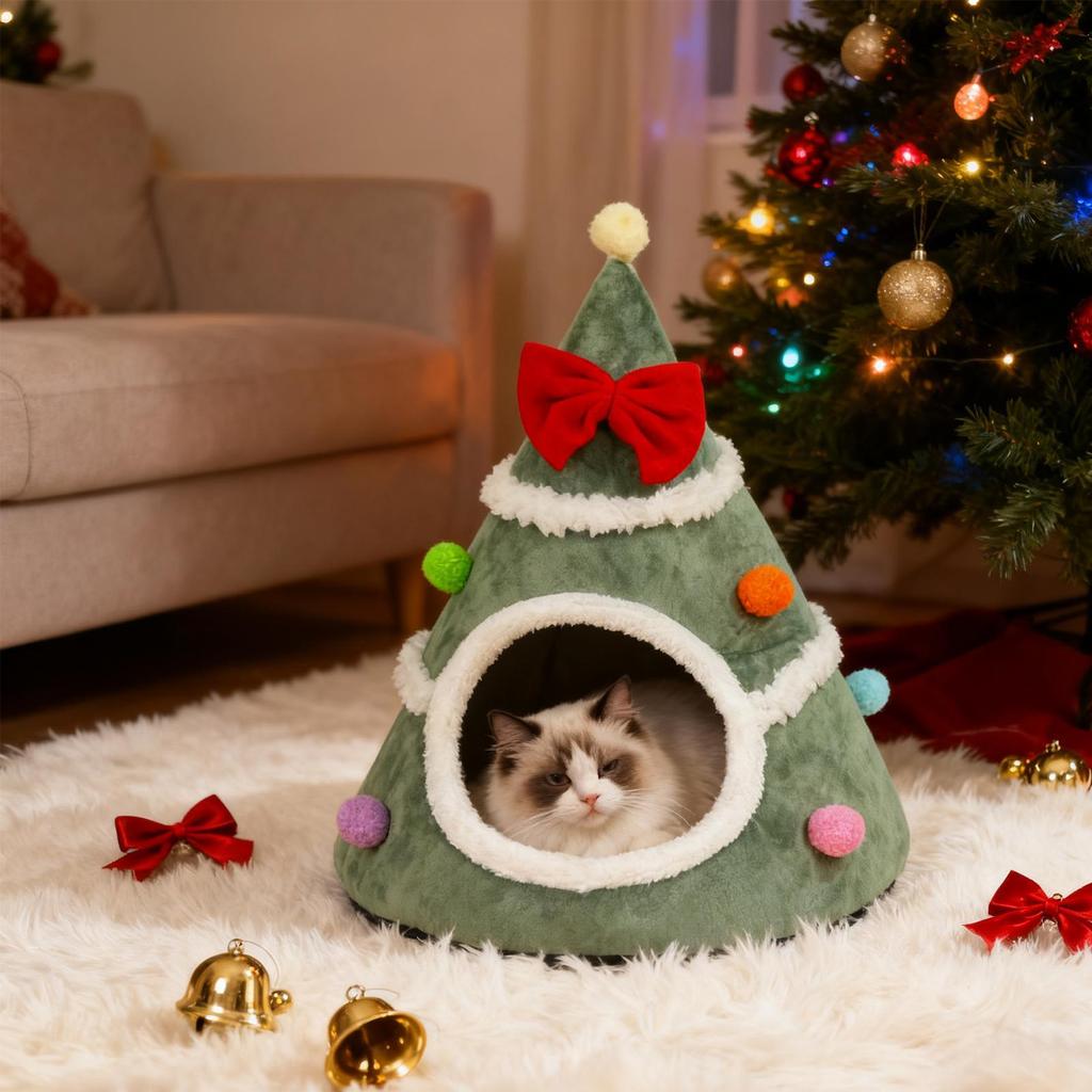 Christmas Tree Cat Bed Cold Weather Furniture Christmas Pet Indoor House for Cat for Small Medium Large Breeds Living Room
