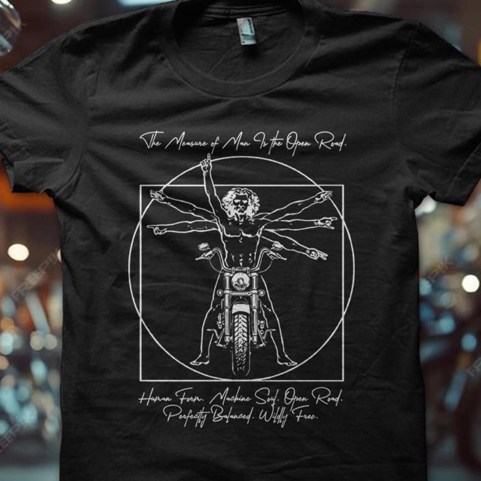 Vitruvian Motorcycle Biker Man T-Shirt – Human & Machine, Open Road Biker Art Tee S