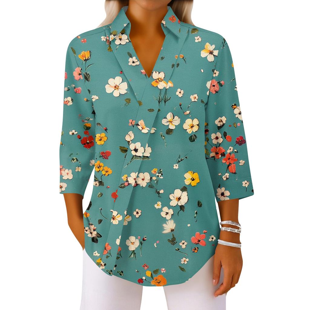 3/4-Ärmel Damenoberteile V-Ausschnitt Shirts Trendy Bedruckte Business Casual Arbeitsblusen