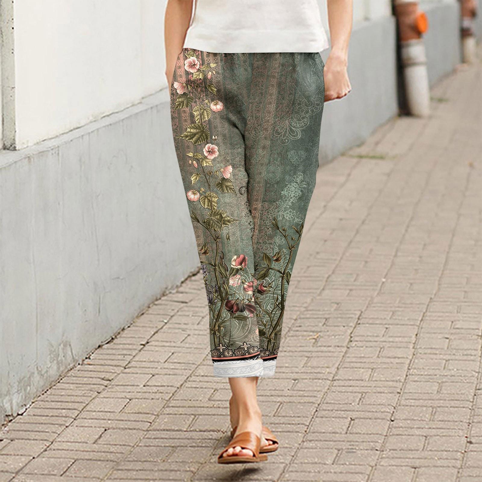 

Брюки для женщин, повседневные летние свободные брюки из хлопка и льна с принтом, брюки до середины штанин с карманами XXL зелёный