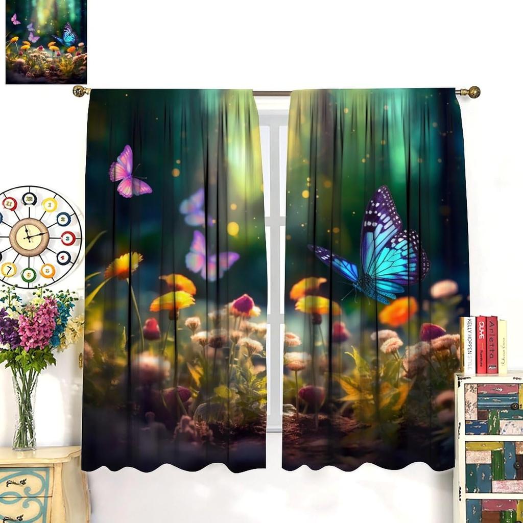 Dreamlike Forest Butterfly Blackout Curtain, Beautiful Morning Forest Flowers Aesthetic Scenery Decorative Curtain, Colorful