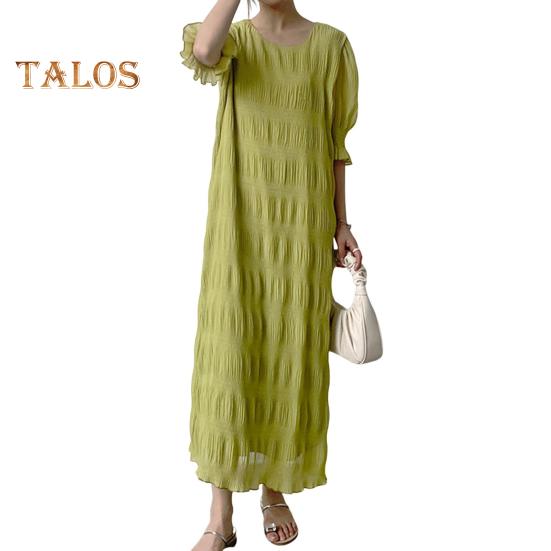 

Женское летнее платье с короткими рукавами-фонариками, шифоновое текстурированное свободное лоскутное платье с рюшами, сплошной цвет с круглым вырезом, прямое платье макси для свиданий зелёный