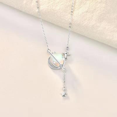 925 Sterling Silber Lange Kette Mondstein Planet Stern Charm Halskette Für Frauen Mode Schmuck Hochzeit Geburtstag Geschenk Dz384