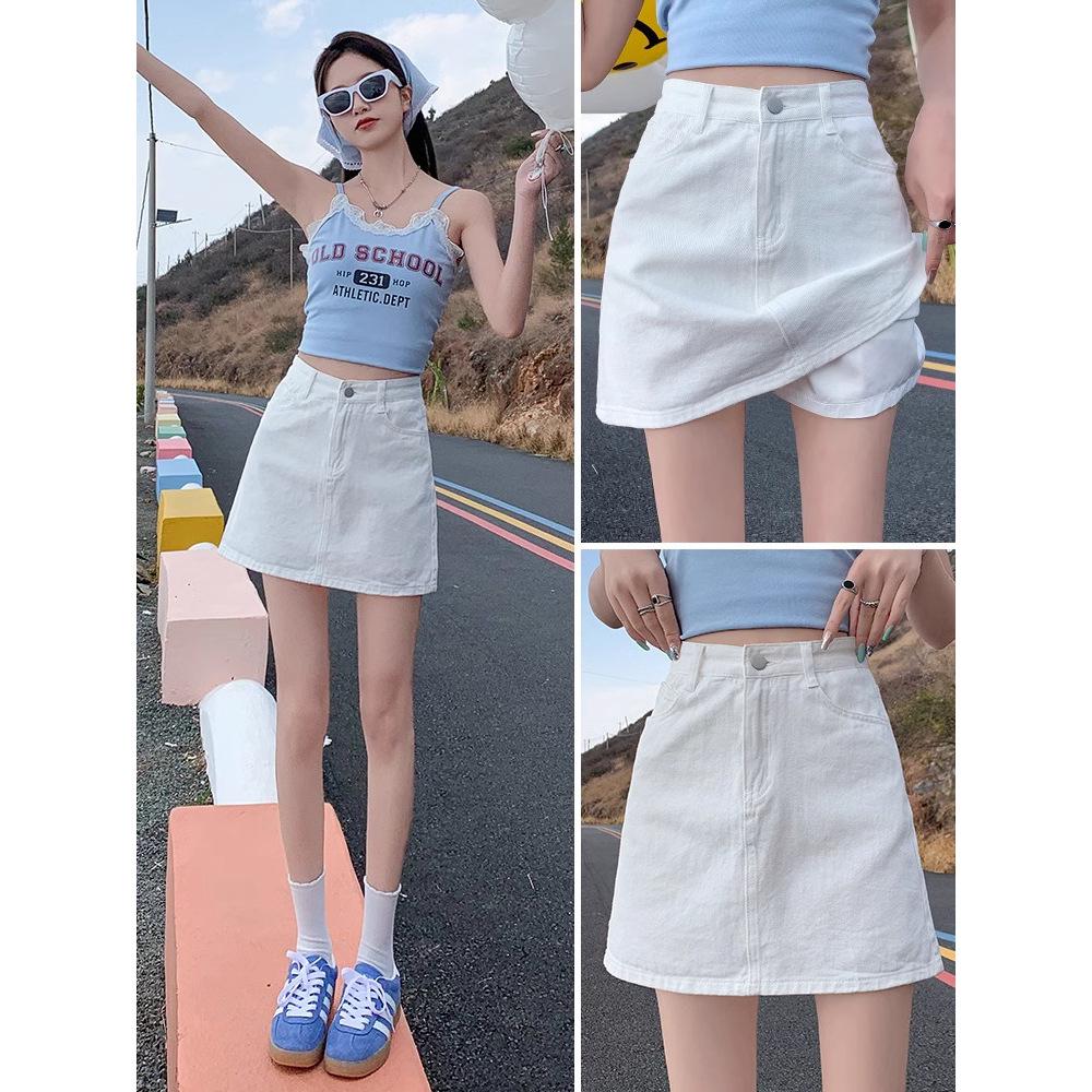Women's High Waist White Denim Midi Skirt - Summer 2025 A-Line Bodycon Skirt with Anti-Exposure Design