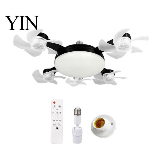 E27 Socket Fan 3/4/5 Blade Ceiling with Light & Remote Control, 2-in-1 Silent LED Drone Compact Ventilation Lamp Foldable Blades, 3-Speed Dimmable for