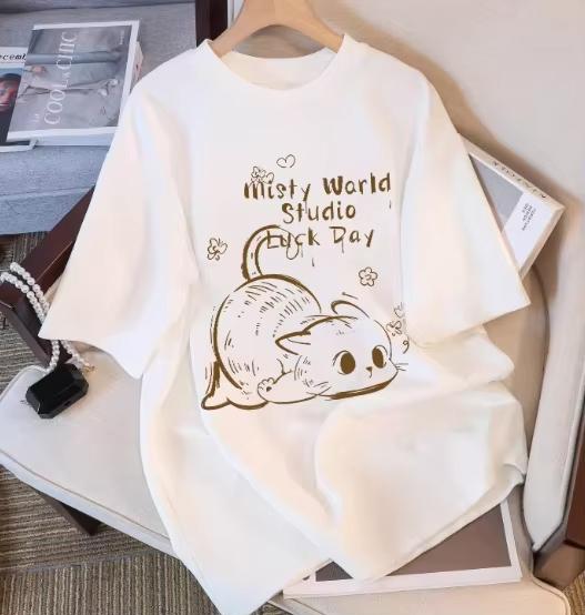 

2026 Springsummer Cute Cat Printed Womens Versatile Casual ShortSleeved TShirt Cotton Streetwear S