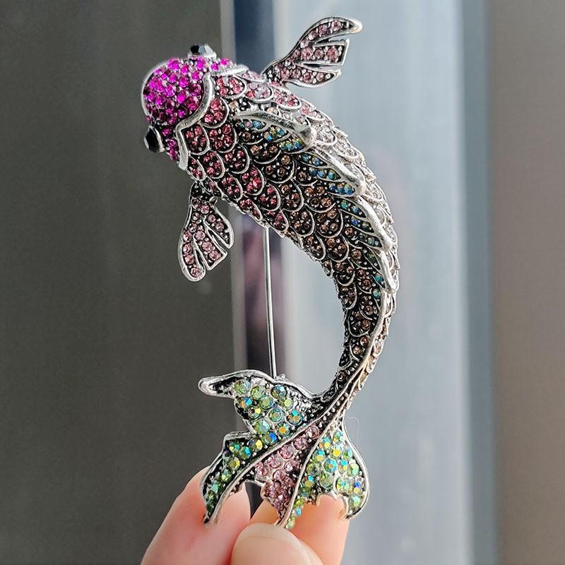 Trendy Red Koi Fish Rhinestone Brooches For Women Unisex Vintage 3-Color Carp Fish Animal Brooch Pin Coat Suit New Year Gifts