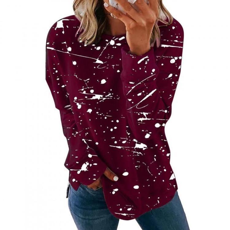 Plus Size Women Printed Long Sleeve T Shirt Loose Round Neck Tee